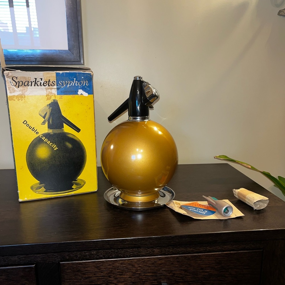 Vintage Bareware Gold Round Globemaster Sparklets England Soda Syphon MCM Modern